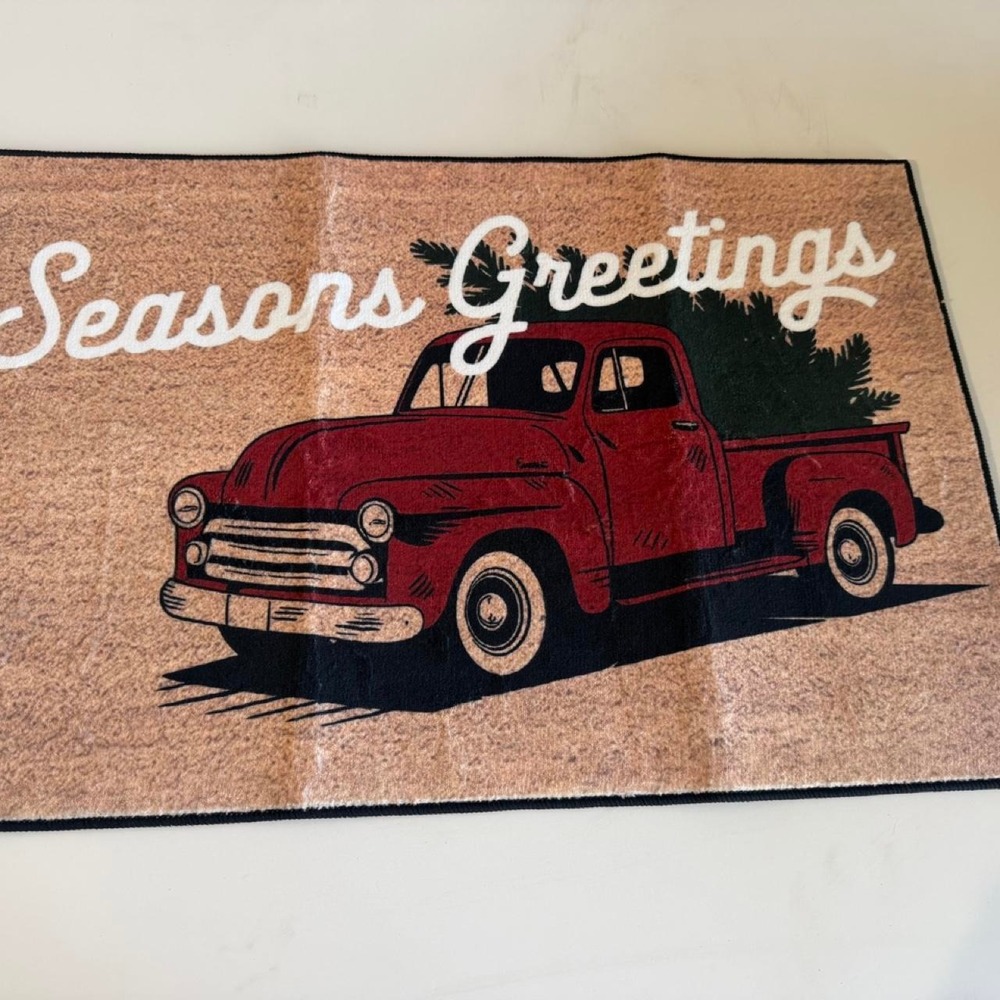 Seasons Greetings Red Vintage Truck Christmas Tree Doormat Rug Holiday Decor